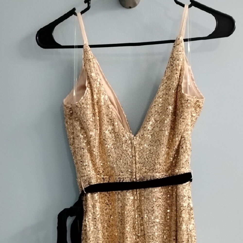 Dear Moon 🌙 Sparkling Gold Mini Dress with Black Velvet Belt Size 1 - Picture 5 of 6